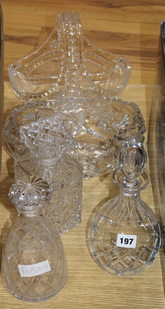 Three glass decanters and two cut glass bowls